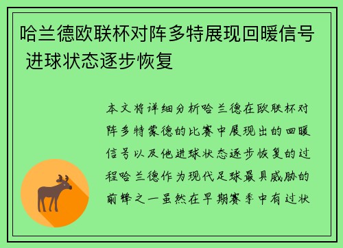 哈兰德欧联杯对阵多特展现回暖信号 进球状态逐步恢复